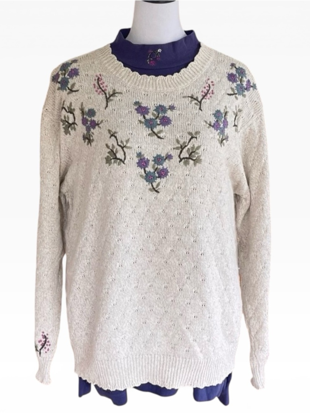 Vintage 2pc Northern Reflections Tan Cream Knit Embroidered Sweater Long Sleeve